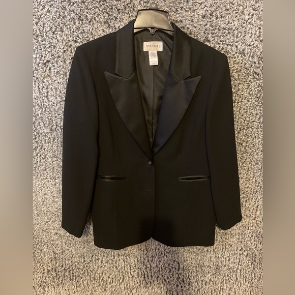 Studio I  Black Satin Collared Tuxedo Blazer Jacket Size 14 - Picture 4 of 11